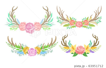 Deer Antlers Arranged with Showy Flower Buds and Tender Feathers Vector Set 63951712
