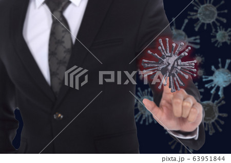 Business man in suit tie touch screen act with coronavirus, covid-19 disrupt trade and meeting, background of 3d render corona virus or covid on Finger point to you. Business man in suit tie touch screen act with coronavirus, covid-19 disrupt trade and meeting, background of 3d render corona virus or covid on Finger point to you. 63951844