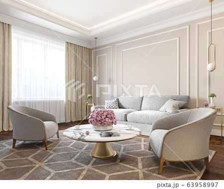 Classic beige interior with sofa, armchairs, coffee table, carpet, curtain, flowers and wall moldings. Classic beige interior with sofa, armchairs, coffee table, carpet, curtain, flowers and wall moldings. 63958997