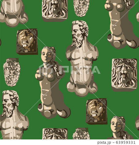 Seamless pattern of ancient statues of a muscular man with a beard, beautiful woman and growling lions heads 63959331