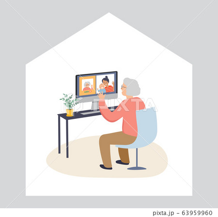 Elderly, old people, senior people at home, playing chess, chatting on computer with grandchildren 63959960