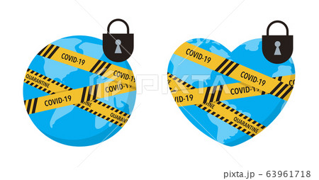 COVID-19 virus lockdown barrier tape over a world. Coronavirus pandemic, vector concept illustration COVID-19 virus lockdown barrier tape over a world. Coronavirus pandemic, vector concept illustration 63961718