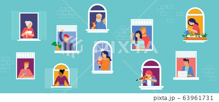 Stay at home, concept design. Different types of people, family, neighbors in their own houses. Self Stay at home, concept design. Different types of people, family, neighbors in their own houses. Self 63961731