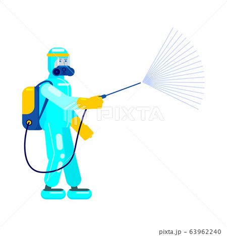 Man edical scientist in chemical protection suit disinfects spray to cleaning and disinfect virus Covid-19, Coronavirus disease, preventive measures. Vector illustration flat style 63962240