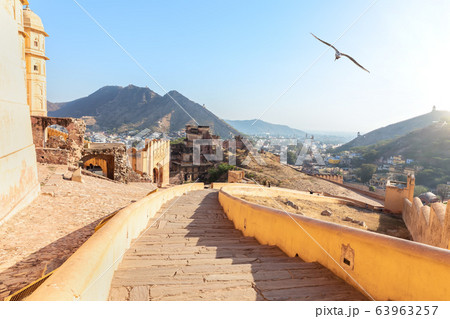 Stairs of Amber Fort and Amer view, India, Jaipur 63963257