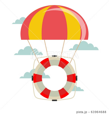Life buoy with parachute in the sky. 63964688