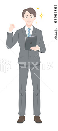 ガッツ ポーズ ビジネス スーツ タブレット 足開く 男性 全身のイラスト素材
