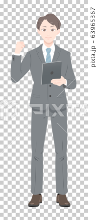 ガッツ ポーズ ビジネス スーツ タブレット 足開く 男性 全身のイラスト素材
