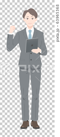 ガッツ ポーズ ビジネス スーツ タブレット 男性 全身のイラスト素材
