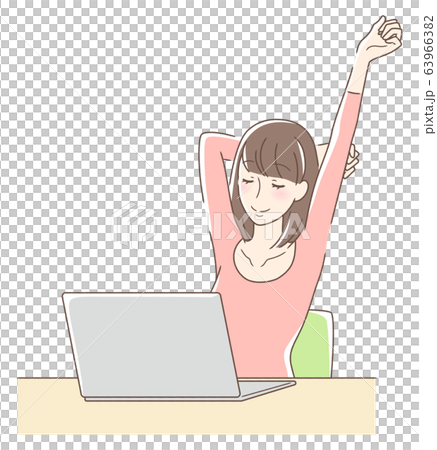 パソコンの前でストレッチをする女性 パソコンの前でストレッチをする女性 63966382