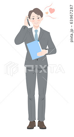 電話 照れる ポーズ ビジネス スーツ 男性 全身のイラスト素材