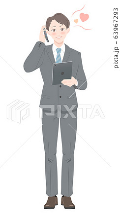 電話 照れる ポーズ ビジネス スーツ タブレット 男性 全身のイラスト素材