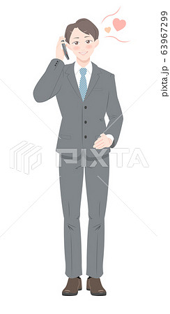 電話 照れる ポーズ ビジネス スーツ 男性 全身のイラスト素材