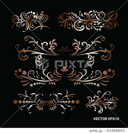 Victorian set of golden ornate page decor elements like banners, frames, dividers, ornaments and patterns on dark  63968603