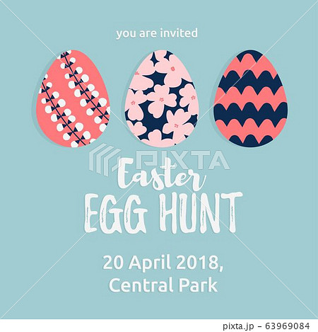 Easter egg hunt card with cute Easter eggs decotated and text on blue background. Vector Easter egg hunt card with cute Easter eggs decotated and text on blue background. Vector 63969084