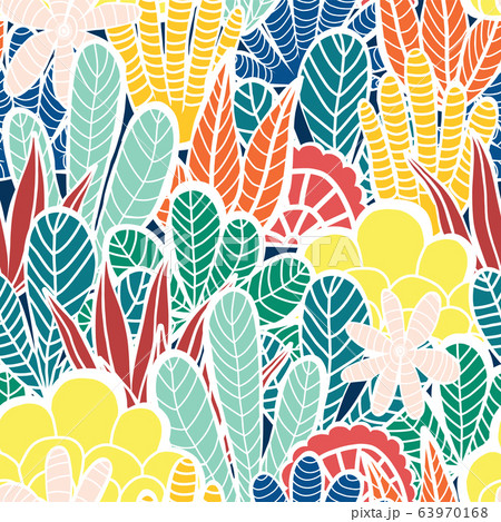 Abstract plants collage seamless vector background. Modern cactus and leave shapes pattern red blue 63970168