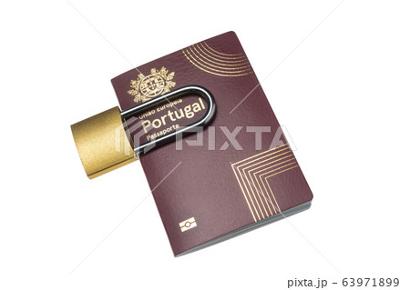Portuguese international European, European Union foreign passport. The padlock is closed, a symbol of the travel ban. Border customs concept. 63971899