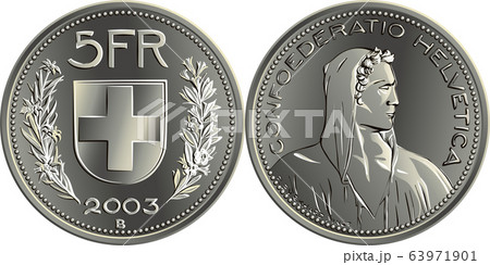 Swiss money 5 Francs silver coin obverse Swiss money 5 Francs silver coin obverse 63971901