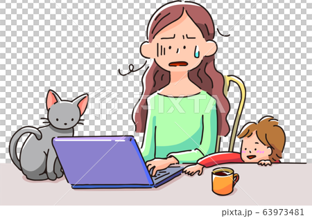 猫と子供と一緒にリモートワークする女性（汗） 63973481