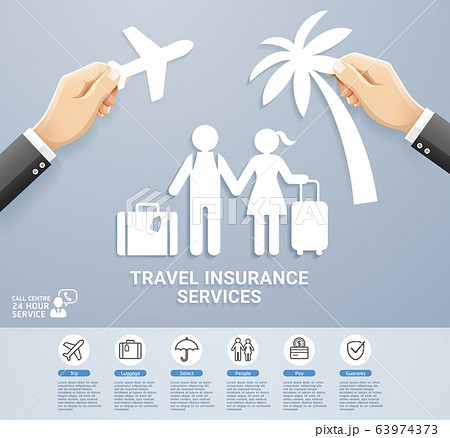 Travel insurance policy services conceptual design. Hand holding a paper cut travel. Vector Illustrations. 63974373