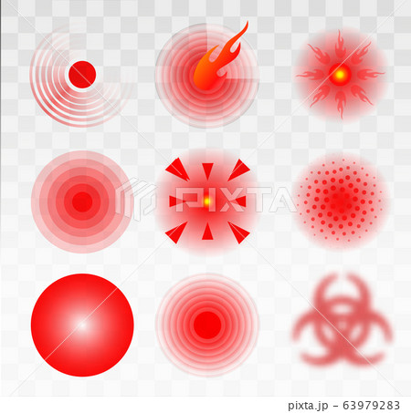 Pain red circle or localization mark, aching place sign, abstract symbol of pain, sore spot or hurt body part marker, design element for painkiller advertisement and medical information posters 63979283