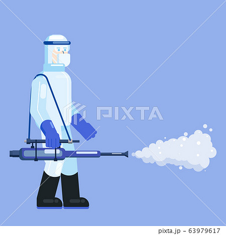 Man edical scientist in chemical protection suit disinfects spray to cleaning and disinfect virus Covid-19, Coronavirus disease, preventive measures. Vector illustration flat style 63979617