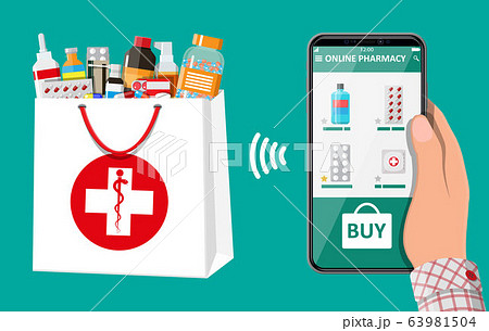 Hand holding phone with internet pharmacy app Hand holding phone with internet pharmacy app 63981504