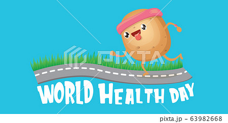 World health care day vector illustration with cartoon funky potato character running or jogging outdoor. Cute sporty healthy vegetable character making cardio sport exercise. Fitness cardio concept World health care day vector illustration with cartoon funky potato character running or jogging outdoor. Cute sporty healthy vegetable character making cardio sport exercise. Fitness cardio concept 63982668