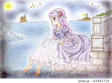 夜の海 ドレス姿で足を浸す人魚姫 手描き 色鉛筆のイラスト素材