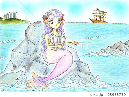 青空の下 海の岩に座る人魚姫 手描き 色鉛筆のイラスト素材