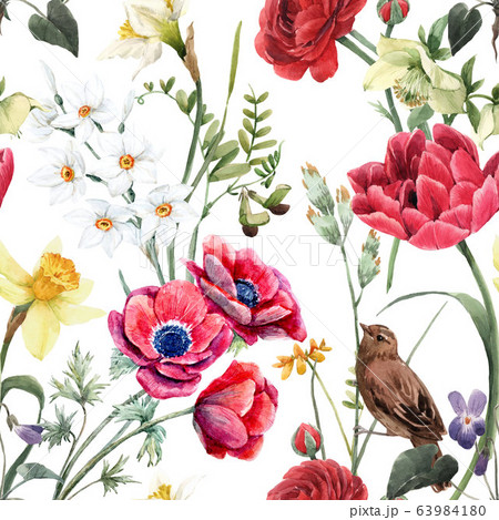 Beautiful floral summer seamless pattern with watercolor red and yellow flowers. Stock illustration. 63984180