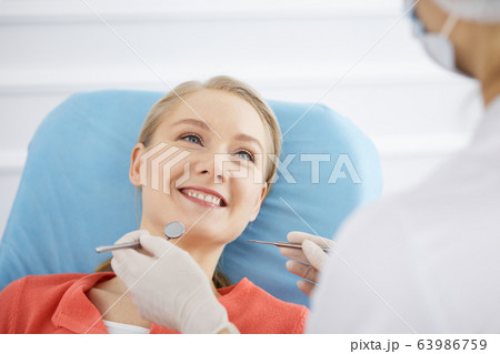 Smiling caucasian woman is being examined by dentist at dental clinic. Healthy teeth and medicine, stomatology concept 63986759