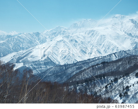 栂池高原スキー場から地吹雪の白馬連峰と八方尾根スキー場の遠望 63987455