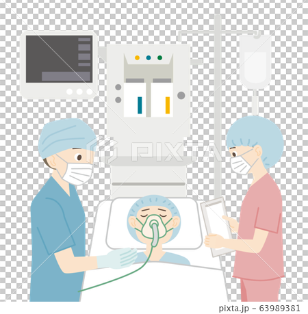 酸素マスクをつける患者と医療関係者のイラスト素材