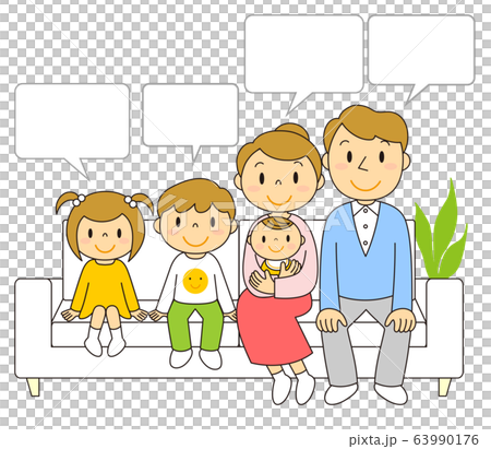 Illustration of a family of five sitting on a sofa 63990176