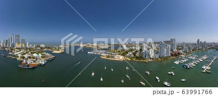 Aerial panorama view of the old city from the yacht club in Cartagena Bay. Aerial panorama view of the old city from the yacht club in Cartagena Bay. 63991766