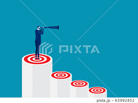 One Business Man standing holding binoculars on red bar target. leadership . 63992852