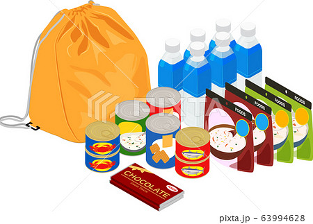 保存食 防災バッグ セット 02 イラスト アイソメトリックのイラスト素材