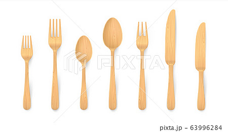 Realistic wooden cutlery. Biodegradable bamboo forks, spoons and knifes made of natural reusable material. Vector 3D eco wooden isolated set 63996284