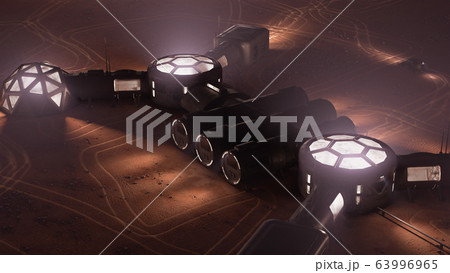 A depiction of a base on a hostile and barren planet. The small colony is equipped with two rovers for astronauts to use for exploration of the surface. 3d illustration 63996965