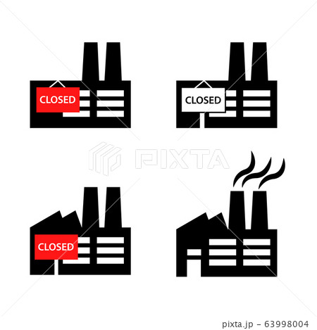 Industrial building factory or company icon with red poster closed and working pictogram set. Simple black flat style vector 63998004