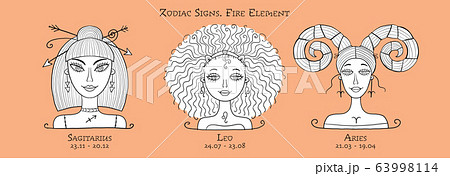 Illustration of Sagittarius, Leo, Aries zodiac sign. Element of Fire. Beautiful Girls Portrait. Coloring page For Your Design of Astrology Calendar, Horoscope, Print. 63998114