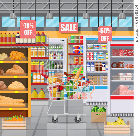 Supermarket store interior with goods. 63998324