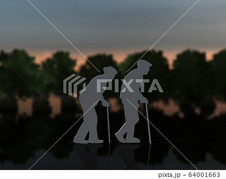 CGイラスト　立体　シルエット　男女　高齢者　お年寄り　老人　老後　引退　生活　散歩 64001663