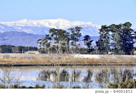みちのく潮風トレイル　名取川の河口から大津波を耐えた松の向こうに名取市街地と蔵王連峰を望む 64001853