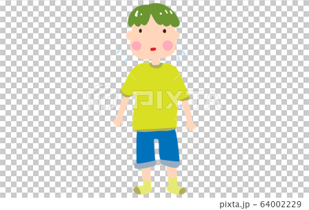 汗をかいて困っている男の子のイラストのイラスト素材