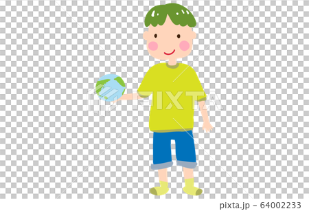 一個男孩笑著手裡拿著地球的插圖 一個男孩笑著手裡拿著地球的插圖 64002233