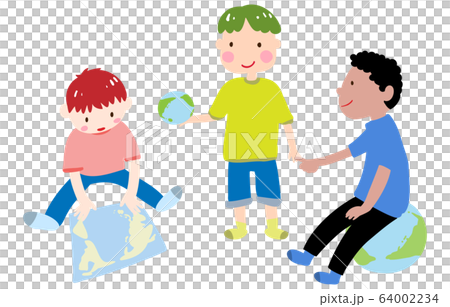 在世界地圖上玩耍的男孩的插圖 64002234