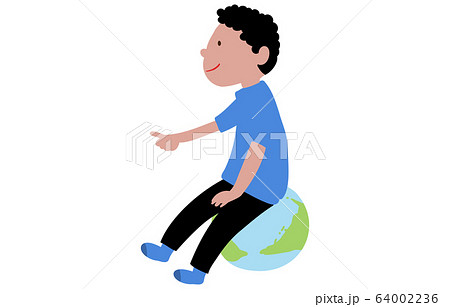 世界地図のクッションに座って指をさす男の子のイラスト 64002236
