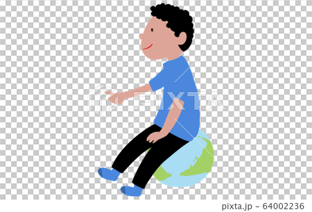 指向手指坐在世界地圖上的靠墊上一個男孩的插圖 64002236